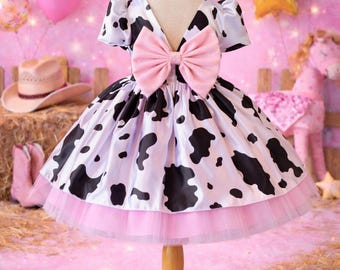 Vestido vaquero rosa estilo western con espalda en V, satén, estampado de vaca, tul, estilo campestre, para cumpleaños, para niñas pequeñas