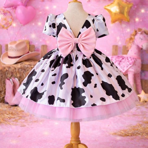 Western Pink Cowgirl V-Back Satin Cow Print Tulle Country Birthday Pageant Toddler Dress Western Pink Cowgirl V-Back Satin Cow Print Tulle Country Birthday Pageant Toddler Dress