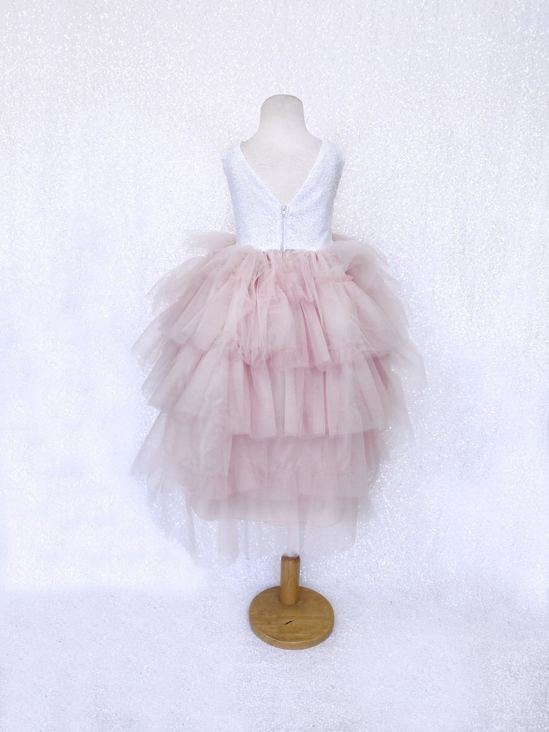 V Back White Mini Sequin Sleeveless Blush Tulle High Low Dress Wedding Flower Girl Bridesmaid Birthday Party Graduation Photoshoot Pageant image 3