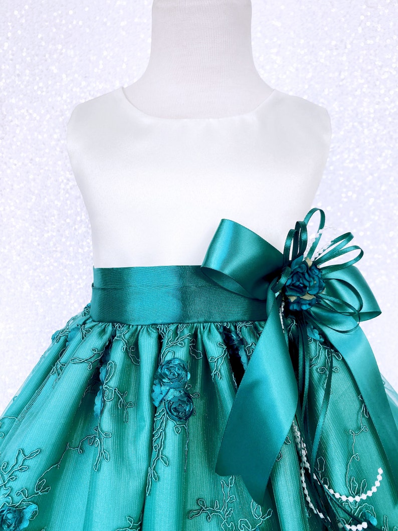 Sleeveless Ivory Satin Teal Embroidery Flower Dress Toddler Newborn Flower Girl Bridesmaid Photoshoot Holiday Rustic Spring 2 4 6 8 10 12 14 image 4