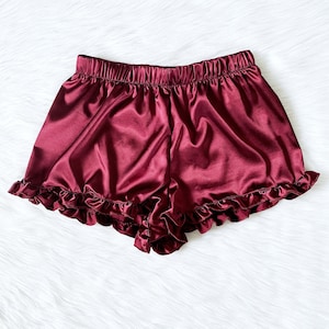 Burgundy Satin Shorts Ruffle Trim Pajama PJ Adult Women Sleepwear Valentine&#39;s Day Bridesmaid Birthday Christmas Elastic Waistband Holiday