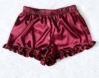 Burgundy Satin Pajama Shorts: Ruffle Trim Sleepwear Women's