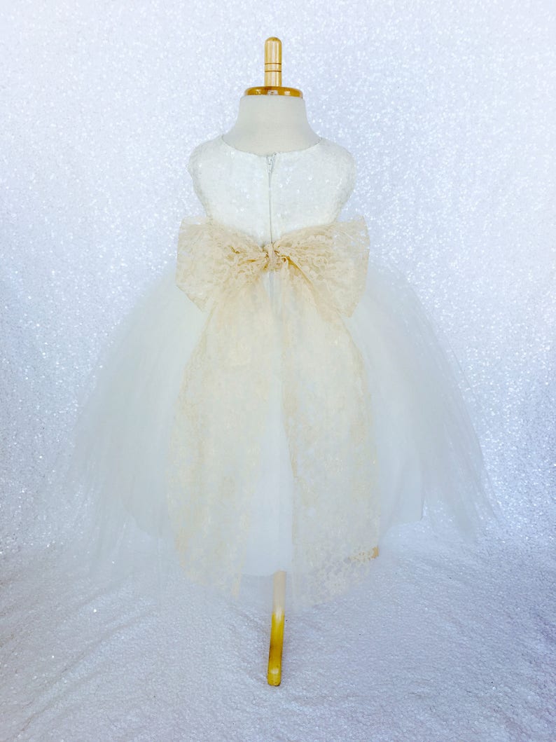 Ivory Sequin Sequence Champagne Lace Bow Tulle Flower Girl Gown Wedding Bridesmaid Country Rustic Party Fall Holiday Spring Photoshoot Fancy