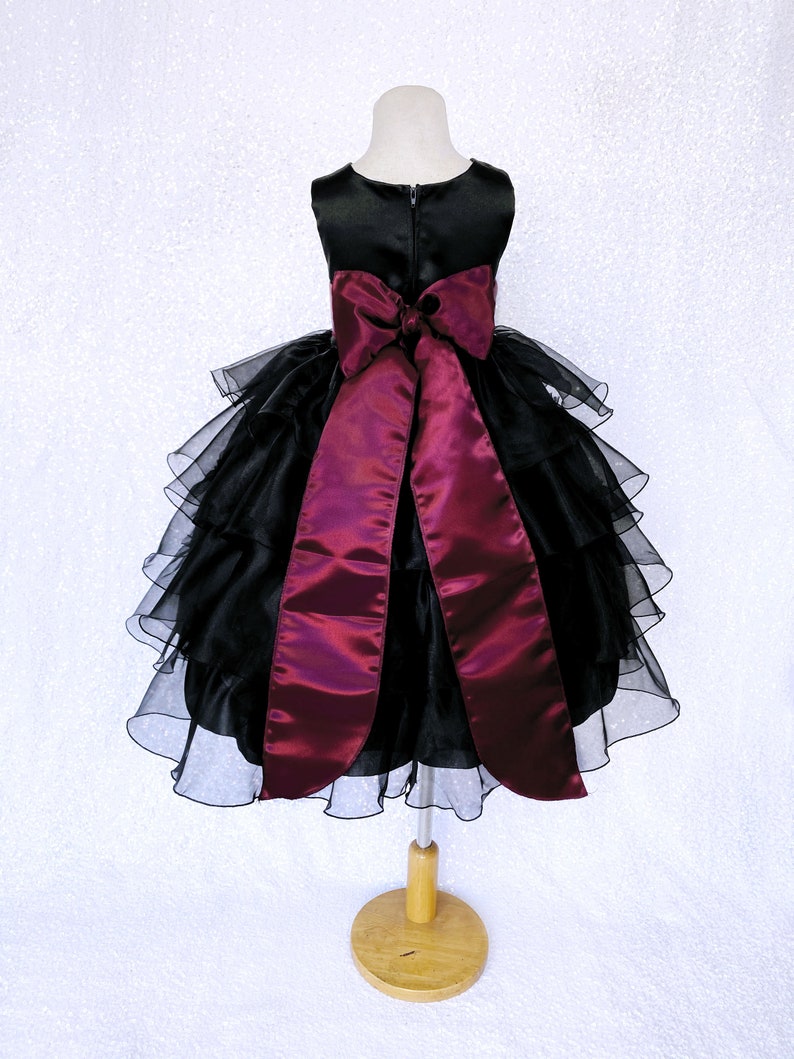 Formal Rustic Sleeveless Black Organza Ruffle Burgundy Satin Sash Gown Toddler Infant Flower Girl Birthday Pageant Christmas Halloween Fall