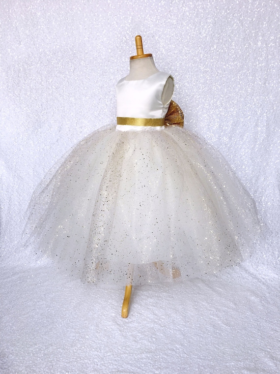 Glitter Tulle Princess Dress: Ivory Satin Bodice, Gold Sequin Bow - Etsy