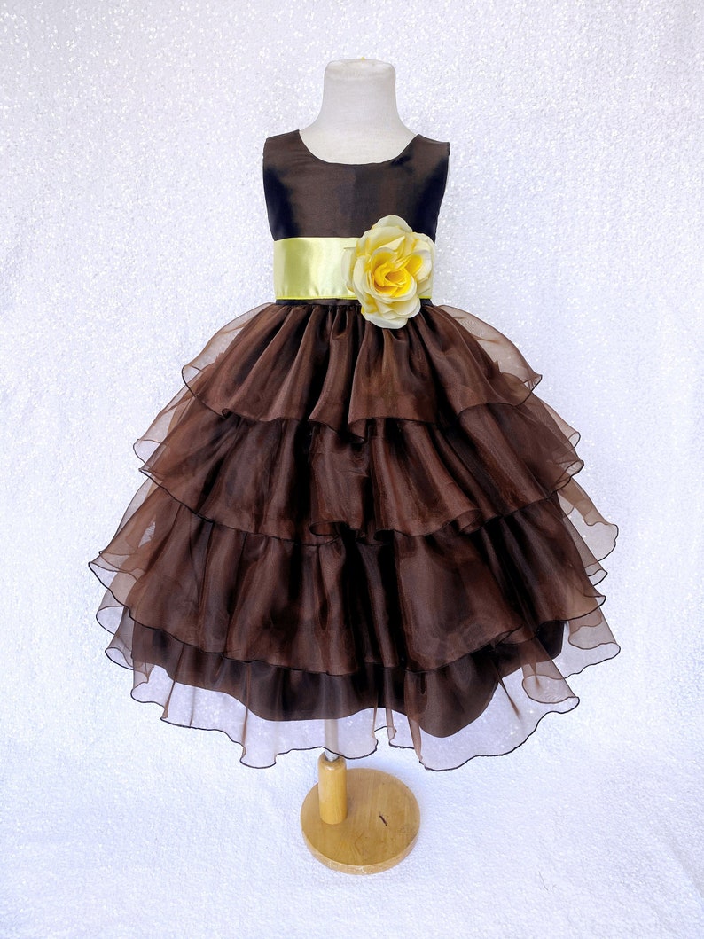Organza Ruffle Brown Sleeveless Sage Satin Sash Gown Infant Newborn Flower Girl Wedding Birthday Party Graduation Ceremony Fall Spring Chic