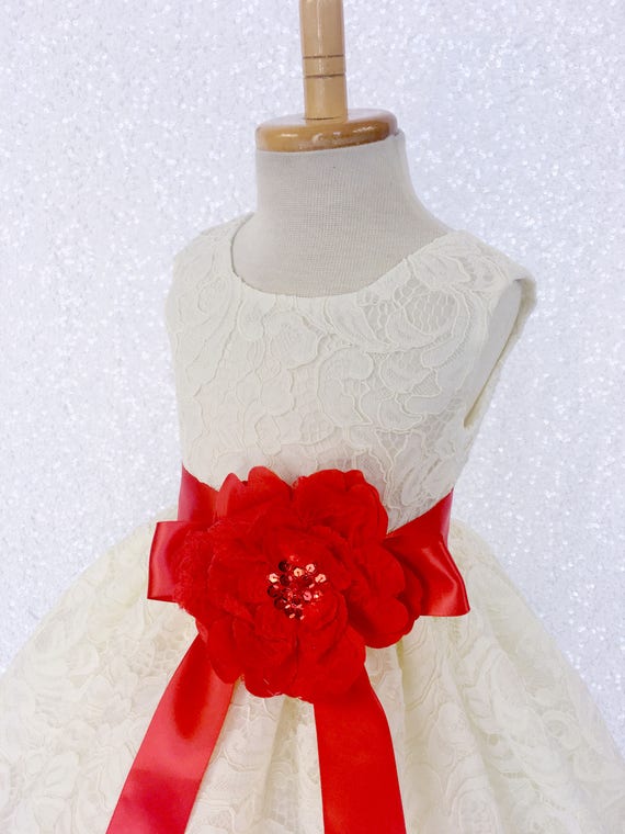 Self-print white frock with red velvet waistband and satin lining –  DishaCreationz