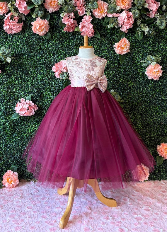 burgundy and blush pink dress Embroidery Tulle Flower Girl Toddler Junior Dress Up Game Early attribute:trend:boho Size:XS-Tall Founded in rio de