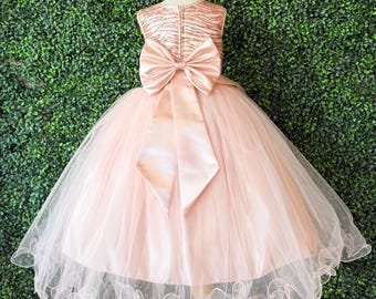 Rose Gold Glitter Sleeves Ankle Length Tulle Flower Girl Birthday Pageant Dress