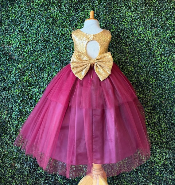 burgundy and gold sequin dress Flower Girl Keyhole Back Tulle Toddler Junior Ankle Length magic