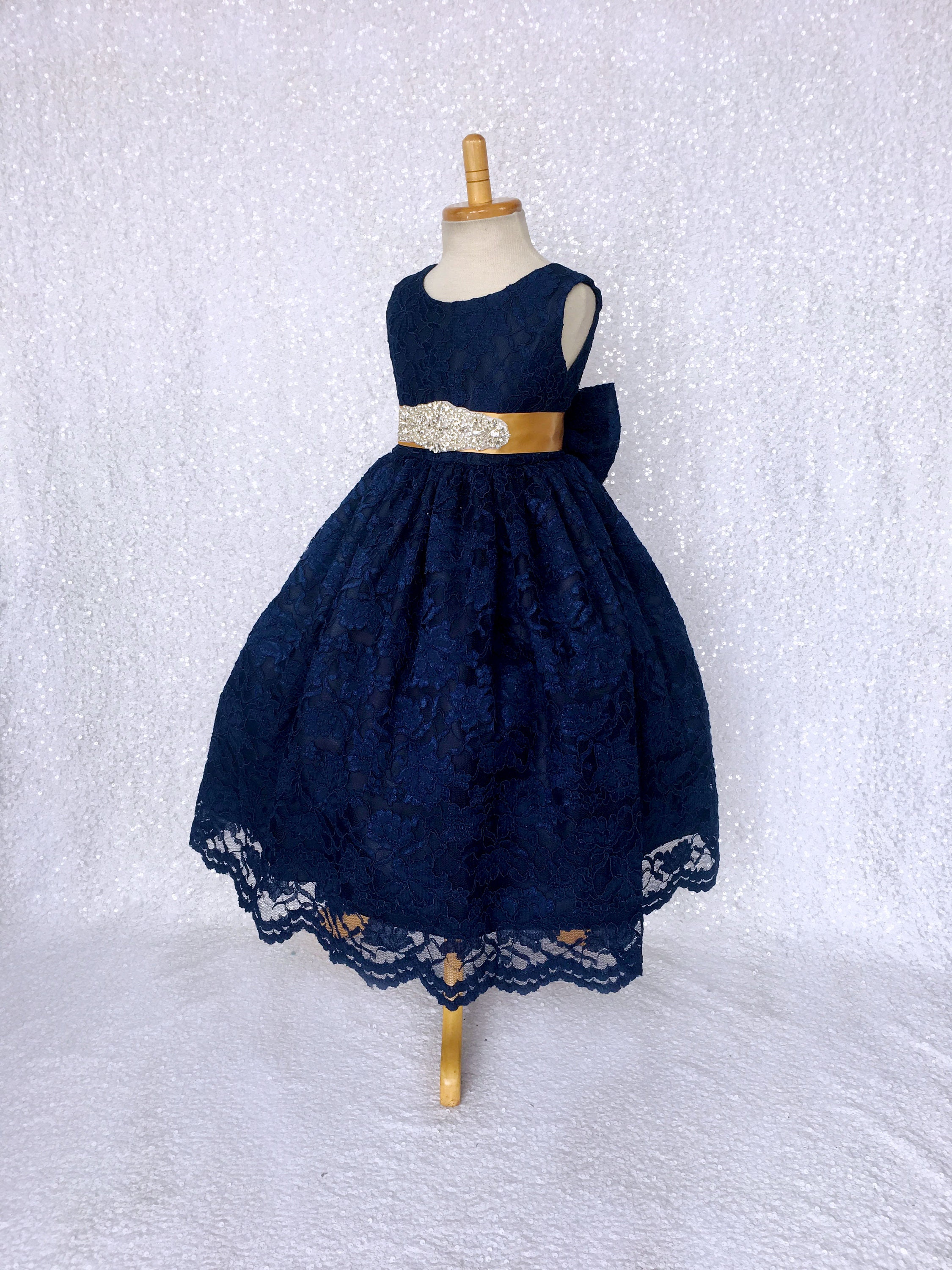 Easter Spring Summer Lace Navy Dress Gold Ribbon Crystal