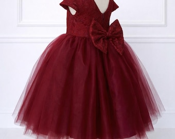 Burgund Französische Spitze Tüll V-Rücken Blumenmädchen Rustikal Kleinkind Junior Brautkleid