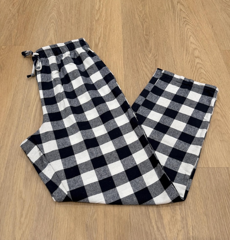 Christmas Matching Plaid Flannel Pajama Pants: Unisex Cotton PJ Bottoms with Pockets White + Black Plaid