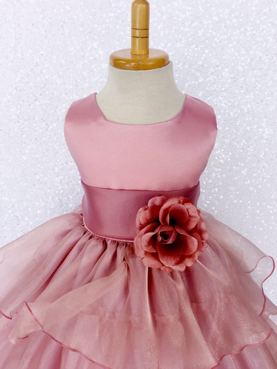 Dusty Rose Sleeveless Organza Rustic Ruffle Gown Satin Sash Flower Girl  Wedding Valentines Holiday Fall Photoshoot Birthday Pageant Formal 