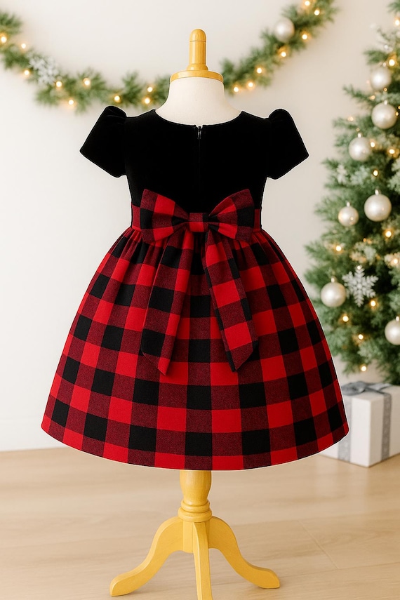 Holiday Plaid Christmas Red and Black Toddler Junior Knee Length Winter Dress