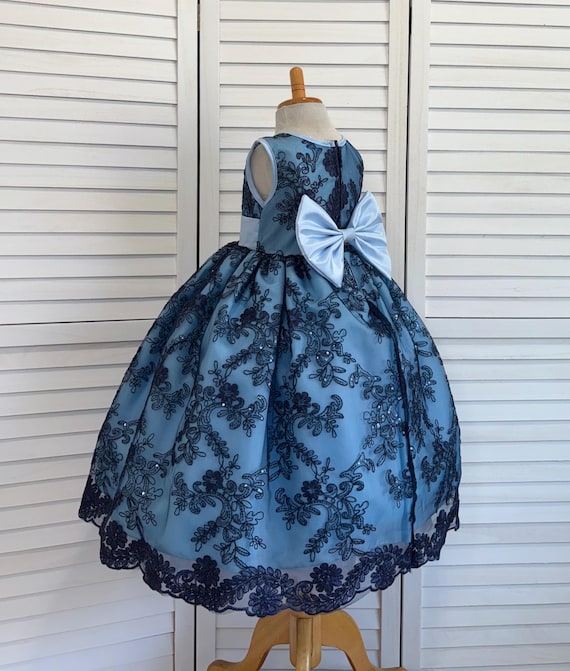holiday pageant dress Navy Floral Embroidery Flower Girl Dress: Holiday Pageant Gown