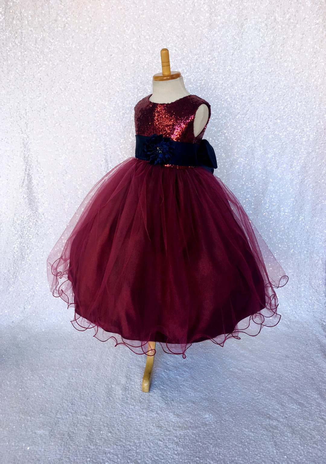 Sparkly Rustic Burgundy Sequence Maroon Tulle 2 Layer Navy Flower Girl ...