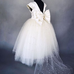 Ivory Pearl Tulle Elegant Summer V-Back Bridesmaids Ankle Length Train Tulle Wedding Flower Girl Big Bow Pageant Toddler Junior Dress