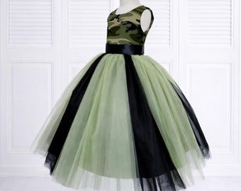 Camo Cotton Tulle Ankle Length Birthday Army V-Back Bow Toddler Baby Dress