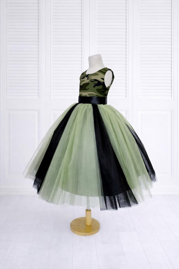 Camo Cotton Tulle Ankle Length Birthday Army V-Back Bow Toddler Baby Dress