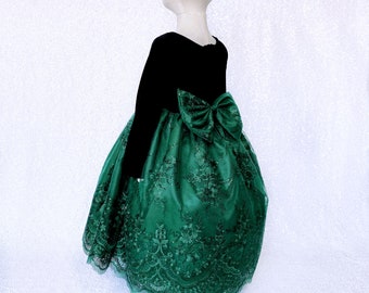 Hunter Green Embroidery Bow Velvet Black Long Sleeve Dress Toddler Junior Flower Girl Bridesmaid Pageant Birthday Party Photoshoot Winter