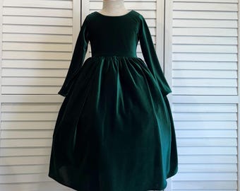 Christmas Hunter Green Velvet Long Sleeve Elegant Bridesmaids Flower Girl V-Back Ankle Length Winter Wedding Birthday Church Toddler Dress