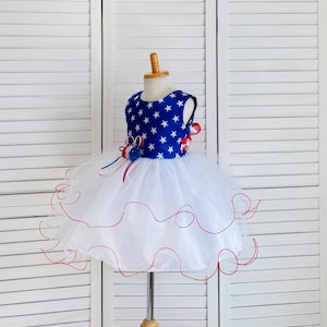 Patriotic Pageant 4th Of July White Tulle Toddler Junior Girl Red White Blue American Holiday Knee Length Trendy Wedding Flower Girl Dress