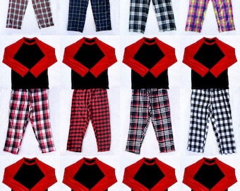 Pyjama Full Set Plaid Coton Rouge Noir Noël Hiver Adulte Unisexe Bas T-Shirt Femmes Hommes PJ Pantalon Chaud Petit Moyen Grand XL XXL