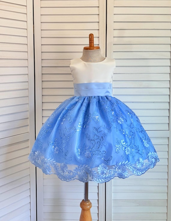 Flower Girl Baby Blue Floral Knee Length Ivory Bodice Summer