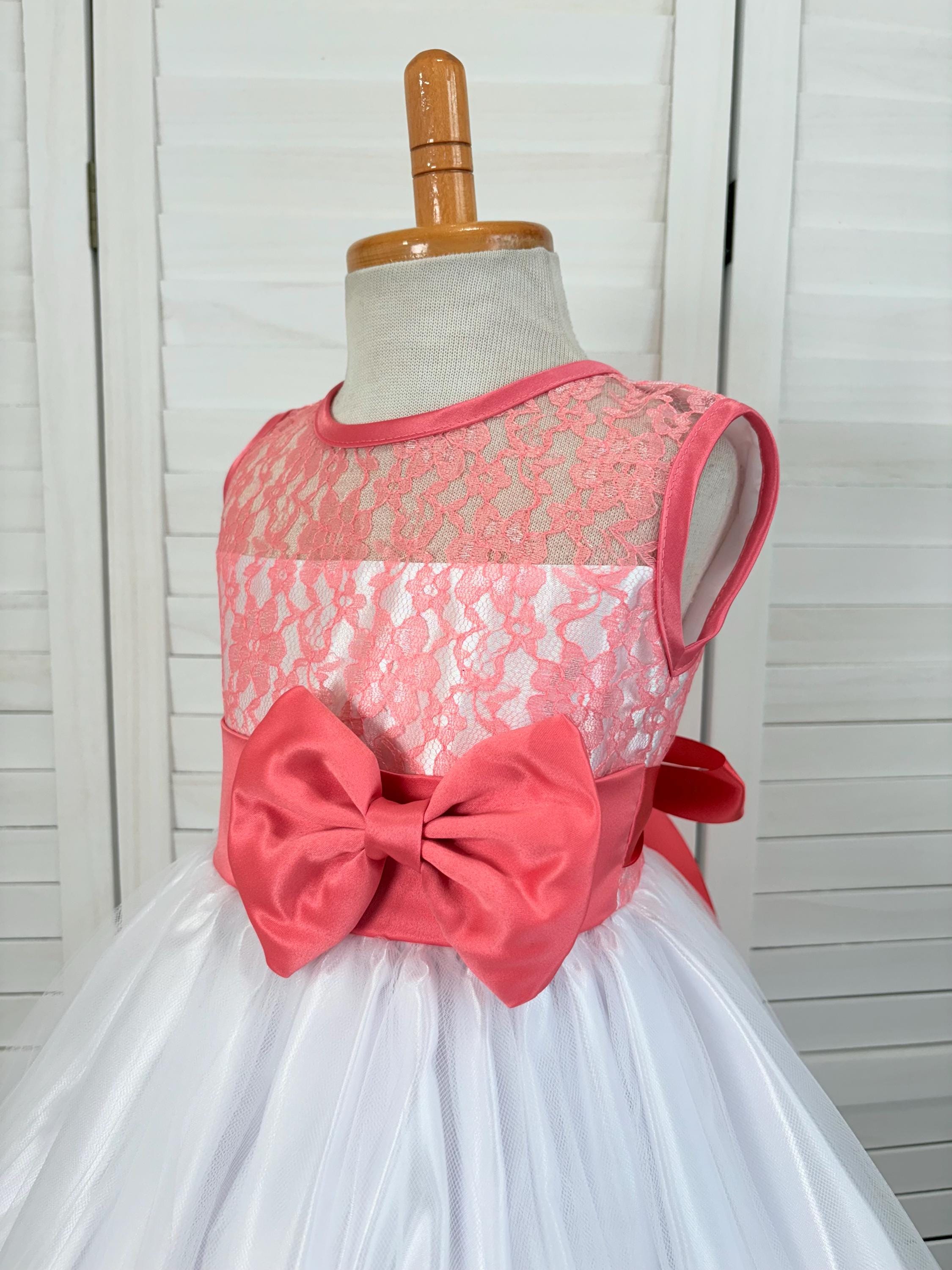 Coral Lace Flower Girl Dress: Rustic Tulle Birthday Party Dress Coral Lace Flower Girl Dress: Rustic Tulle Birthday Party Dress