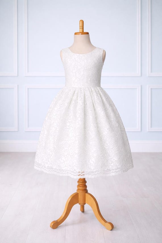 White French Lace Communion Baptism Wedding Ankle Length V Back Toddler Junior Dress