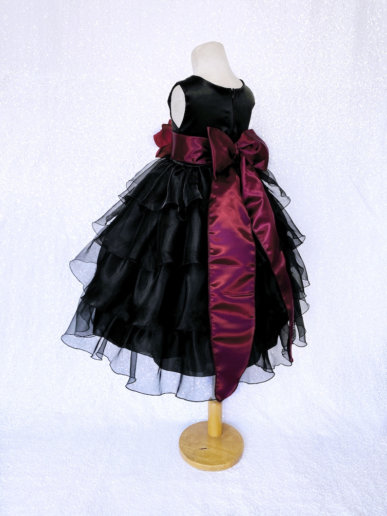 Formal Rustic Sleeveless Black Organza Ruffle Burgundy Satin Sash Gown Toddler Infant Flower Girl Birthday Pageant Christmas Halloween Fall
