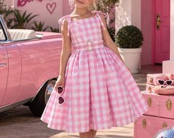 Handmade Pink Plaid Doll Gown: Barbie-Inspired Birthday Dress with Bow (Ankle Length)