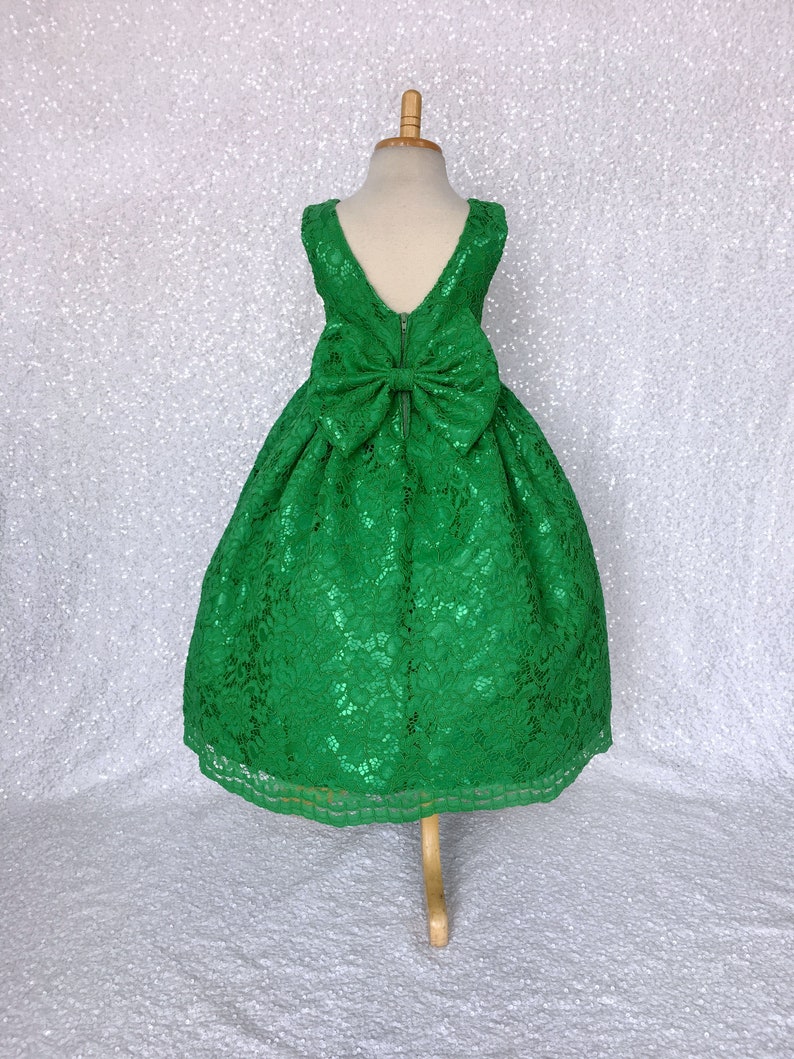 Holiday Spring Christmas Wedding Kelly Green French Lace Gown Bow Birthday Junior Toddler Easter Summer Holiday Pageant Photoshoot 2 4 6 8 image 3