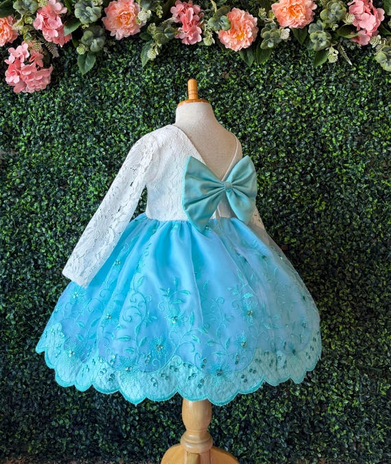 aqua floral embroidered dress Tulle Long Sleeve Trumpet Gown  Monique Lhuillier