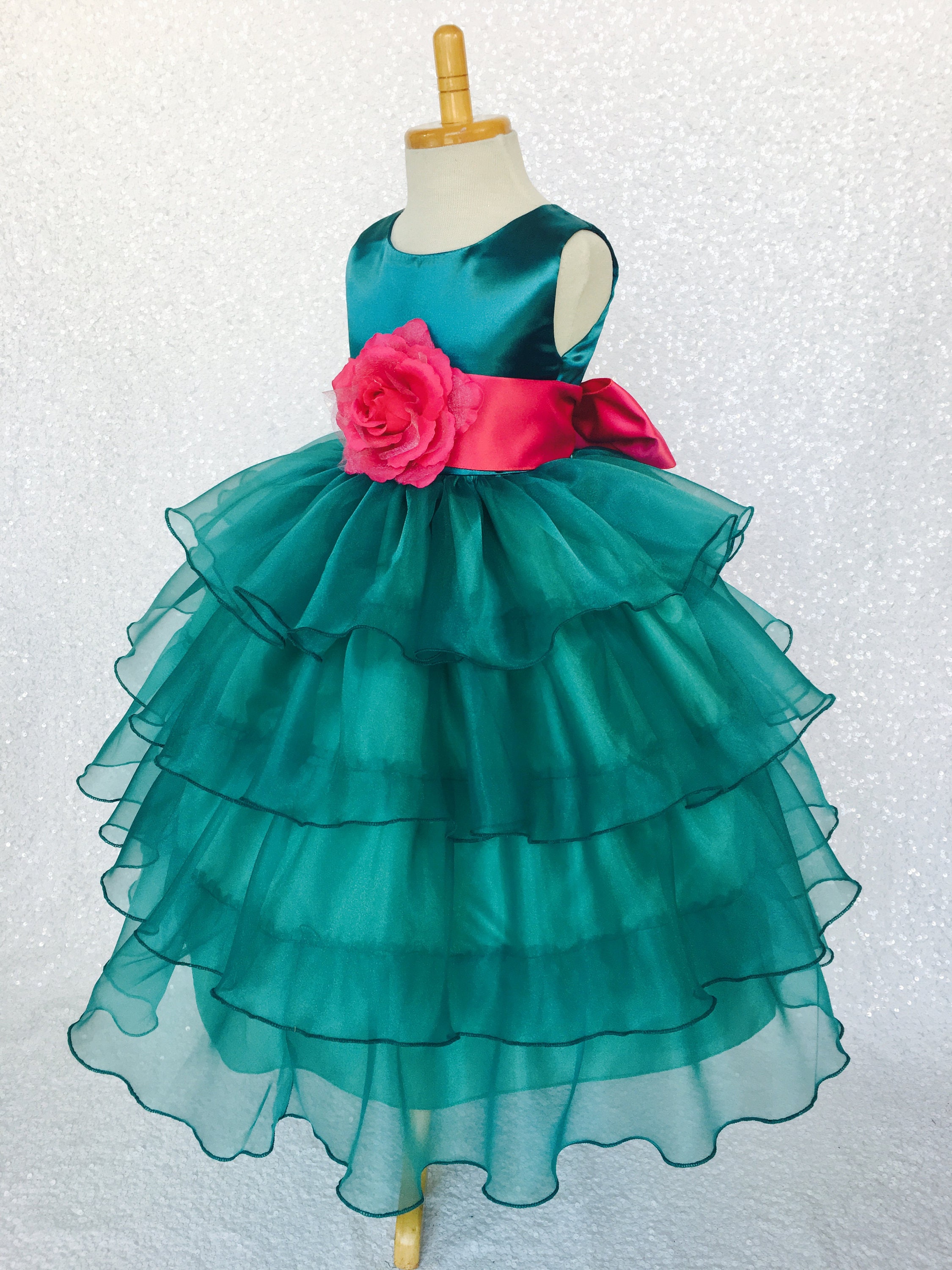 Teal Organza Ruffle Gown Fuchsia Satin Sash Flower Girl | Etsy