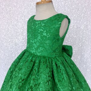 Holiday Spring Christmas Wedding Kelly Green French Lace Gown Bow Birthday Junior Toddler Easter Summer Holiday Pageant Photoshoot 2 4 6 8 image 6