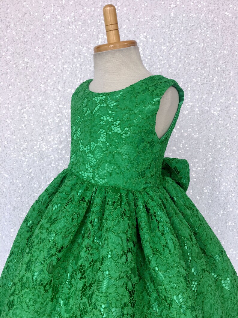 Holiday Spring Christmas Wedding Kelly Green French Lace Gown Bow Birthday Junior Toddler Easter Summer Holiday Pageant Photoshoot 2 4 6 8 image 6