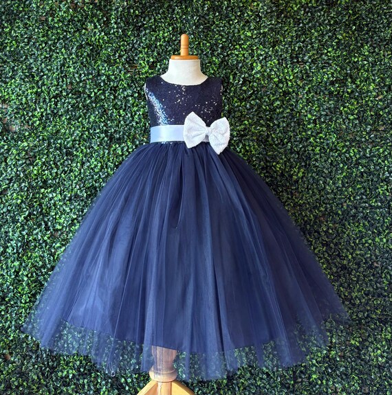 navy blue junior dresses Sequin Flower Girl Tulle Ankle Length Toddler Birthday Bridesmaids Wedding Dress navy blue dress for girls