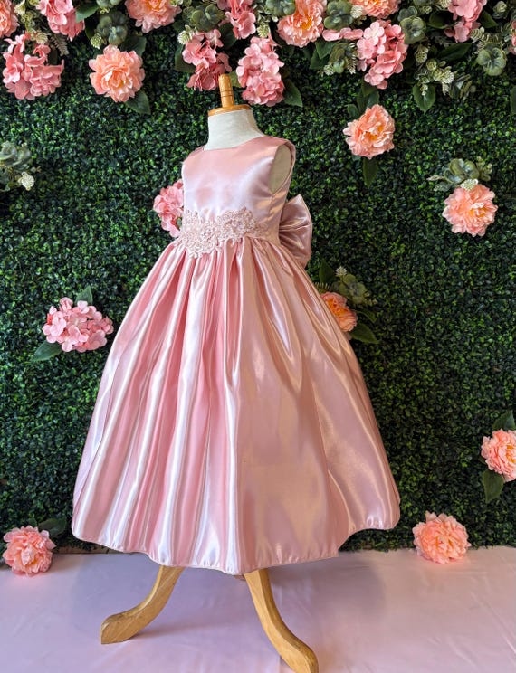 vintage junior bridesmaid dresses Blush Satin Flower Girl Appliqué Ankle Toddler Bridesmaids Dress Material:100% POLYESTER flow_tagged:types length Back Details Embellished Strapless Cowl Neck