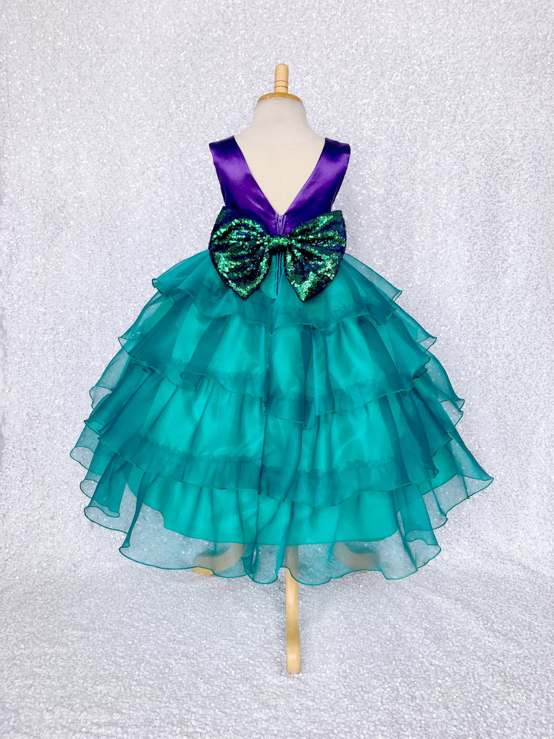 Sleeveless Purple Satin V-Back Teal Organza Ruffle Gown image 1