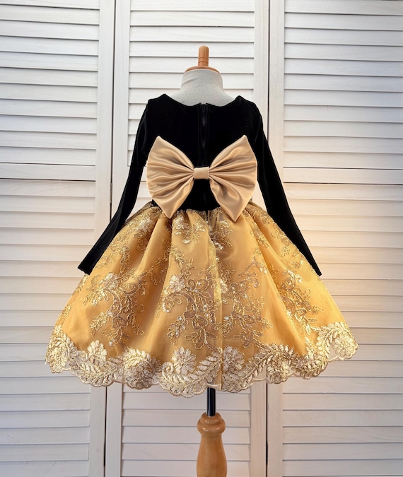 blue dress for baby girl Black Mermaid Formal Gown 24327 with Gold Flowers Black/Gold / 4