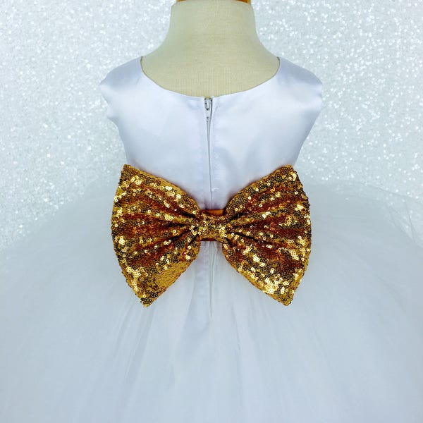 White Tulle 4 Layer Gold Sequence Bow Dress Flower Girl Gown Wedding Bridesmaid Easter Junior Infant Birthday Chic Party Graduation Recital