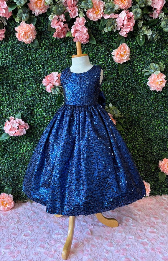 Navy Blue Sequin Pageant Birthday Keyhole Back Ankle Toddler Junior Sparkly  Dress