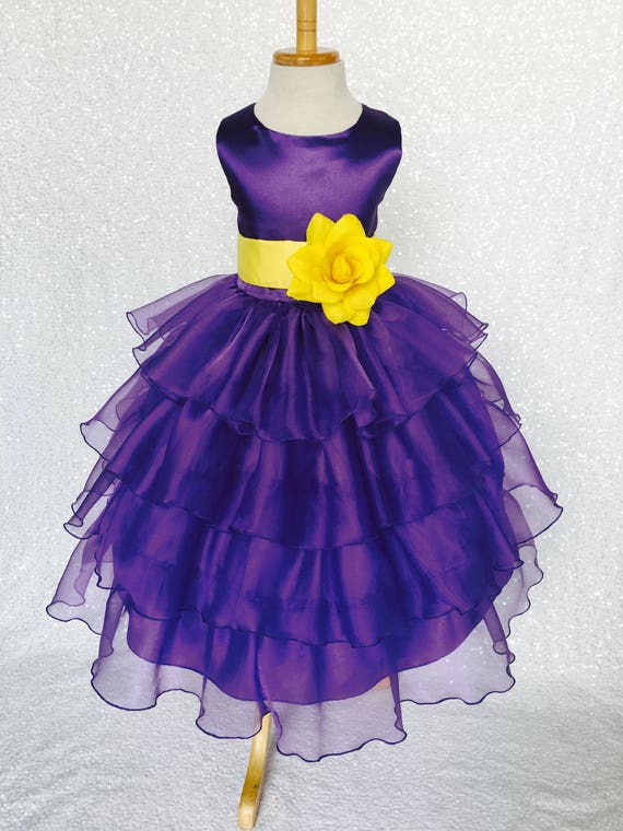 Organza Ruffle Purple Dress Yellow Satin Sash Flower Girl Wedding