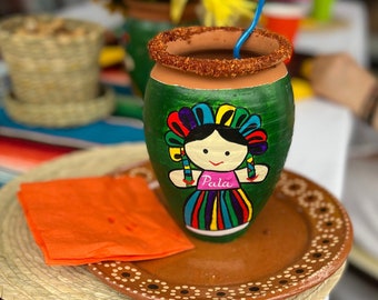 Custom Hand painted Mexican Cantaritos de Barro, Jarrito Mexican pottery Mug rag doll