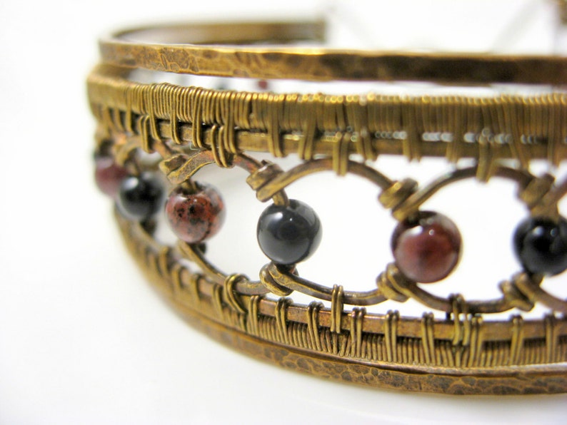 size small antiqued onyx brass bracelet interlok cuff garnet 6.
