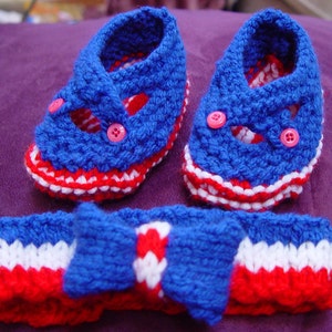 Baby Booties Red, White & Blue with Matching Headband with bow newborn to 6 months