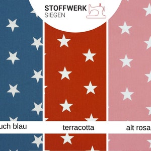 May include: Three fabric swatches with white stars on a blue, red, and pink background. The swatches are labeled "rauch blau", "terracotta", and "alt rosa".