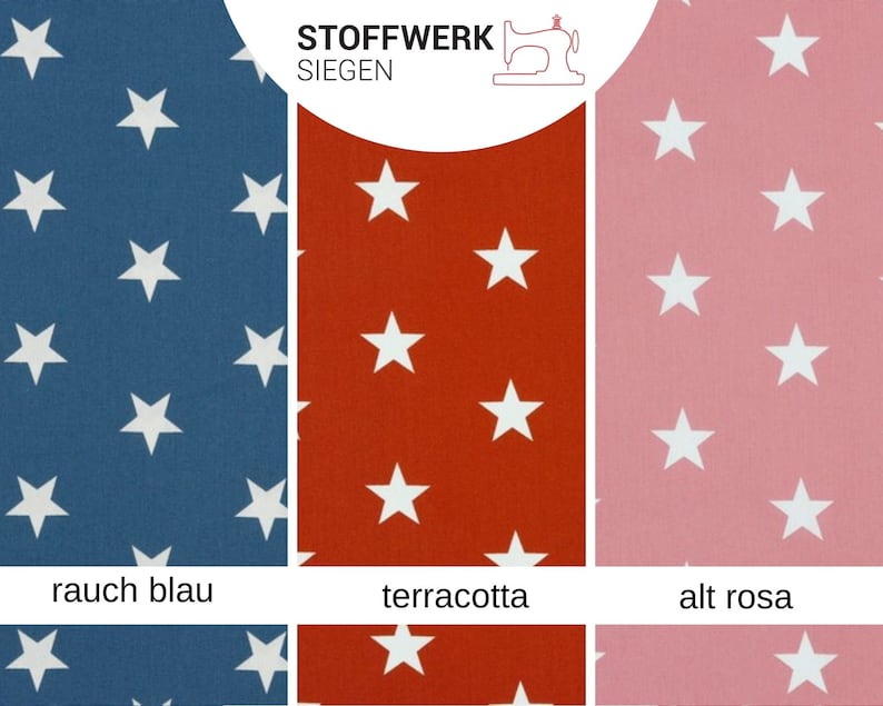 May include: Three fabric swatches with white stars on a blue, red, and pink background. The swatches are labeled "rauch blau", "terracotta", and "alt rosa".